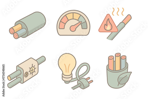 Energy Efficiency Icons. Isometric vector illustration set Energy efficiency and wires: low resistance thick wire, efficiency