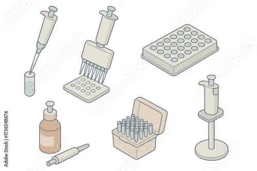Laboratory Equipment Icons. Isometric vector illustration set Laboratory liquid handling: pipette transferring solution,