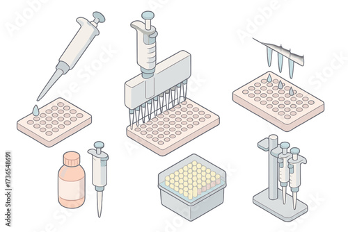 Laboratory Equipment Icons. Isometric vector illustration set Laboratory liquid handling: pipette transferring solution,