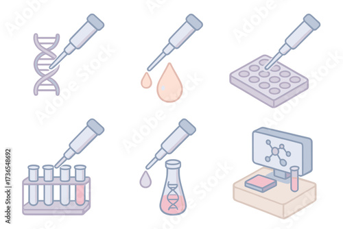 Biotechnology Lab Icons. Isometric vector illustration set Biotechnology pipetting tasks: DNA sample pipetting, enzyme solution