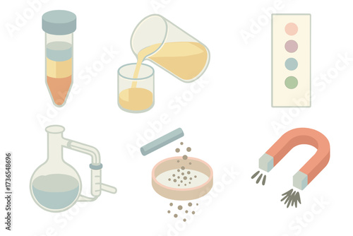 Separation Techniques Icons. Isometric vector illustration set Separation techniques in science: centrifuge tube with layers,