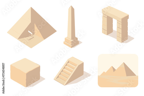 Ancient Architecture Symbols. Isometric vector illustration set Ancient architecture symbols: pyramid cross-section diagram,