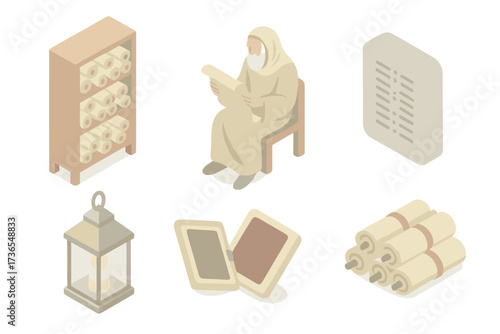 Ancient Library Icons. Isometric vector illustration set Ancient library and scholars: scroll racks in shelves, scholar reading