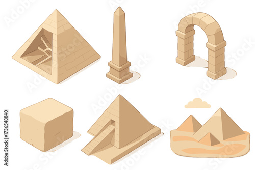 Ancient Architecture Symbols. Isometric vector illustration set Ancient architecture symbols: pyramid cross-section diagram,
