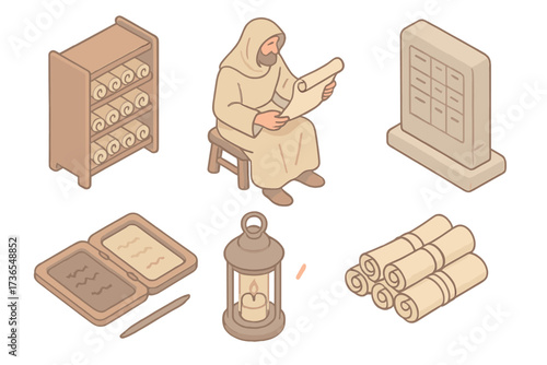 Ancient Library Icons. Isometric vector illustration set Ancient library and scholars: scroll racks in shelves, scholar reading