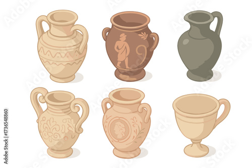 Ancient Ceramics Collection. Isometric vector illustration set Decorative ancient ceramics: amphora with painted patterns,