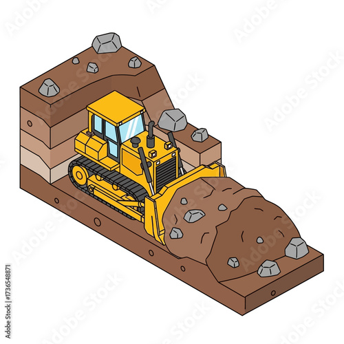 Yellow bulldozer excavating earth in a construction site.