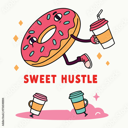 Donut Juggler — Bold Vector Illustration with Coffee and Typography