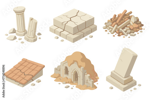 Earthquake Ruins Icons. Isometric vector illustration set Earthquake destruction ruins: shattered stone pillars, cracked