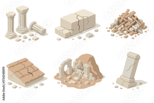 Earthquake Ruins Icons. Isometric vector illustration set Earthquake destruction ruins: shattered stone pillars, cracked