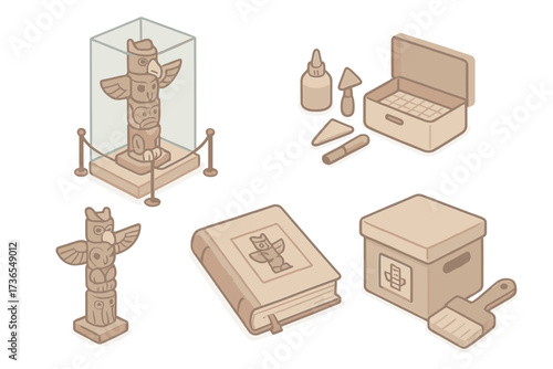 Totem Pole Conservation. Isometric vector illustration set Totem pole heritage preservation: museum indoor display, protective