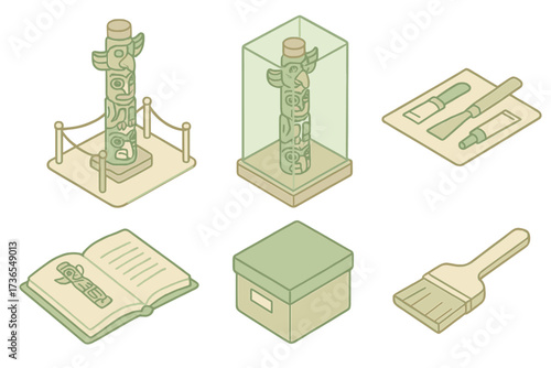 Totem Pole Conservation. Isometric vector illustration set Totem pole heritage preservation: museum indoor display, protective