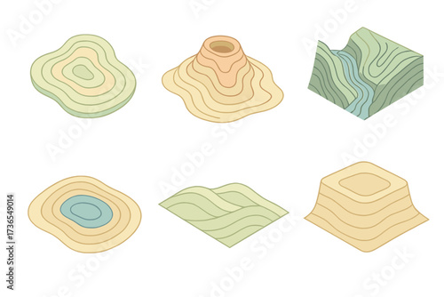 Pastel Topographic Contours. Isometric vector illustration set topographic map contour elevation: island contour layers, volcanic