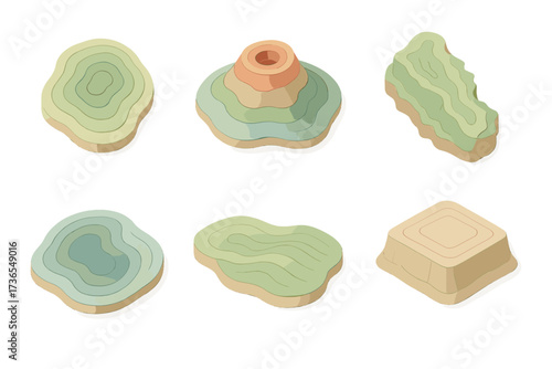 Pastel Topographic Contours. Isometric vector illustration set topographic map contour elevation: island contour layers, volcanic