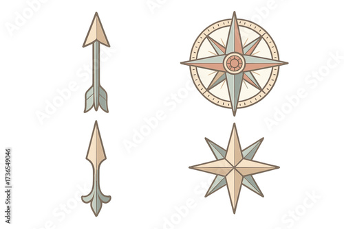 Ornate Compass Design. Isometric vector illustration set compass rose direction navigational: four cardinal points arrows, ornate