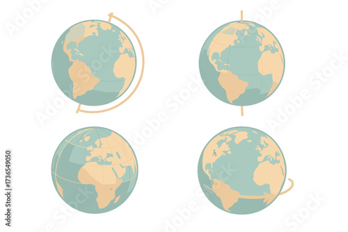 Geographic Axis Illustration. Isometric vector illustration set globe spin axis geography: tilted planet earth rotation, axis