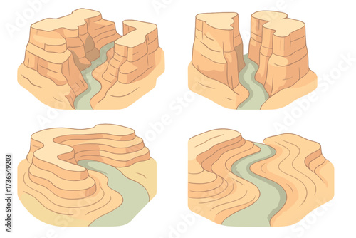 Canyon Erosion Art. Isometric vector illustration set canyon erosion river deep: eroded canyon gorge, narrow water stream, rock