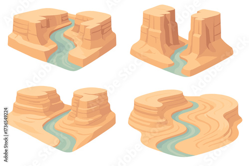 Canyon Erosion Art. Isometric vector illustration set canyon erosion river deep: eroded canyon gorge, narrow water stream, rock