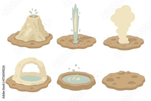 Geyser Eruption Icons. Isometric vector illustration set geyser hot water erupt: geyser cone formation, vertical water jet, steam