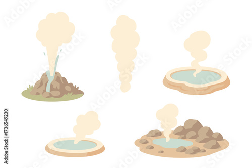 Geyser Eruption Scene. Isometric vector illustration set geyser hot water erupt: natural geyser landscape, jet of boiling water,