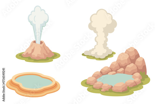 Geyser Eruption Scene. Isometric vector illustration set geyser hot water erupt: natural geyser landscape, jet of boiling water,