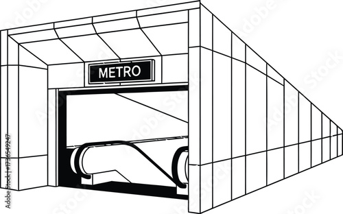Minimalist metro entrance with escalator on a plain background
