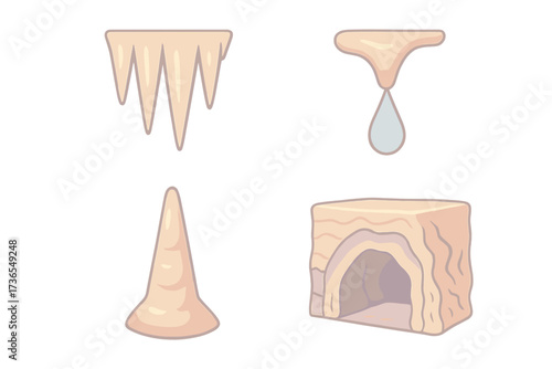 Cave Mineral Drip. Isometric vector illustration set stalactite cave mineral drip: cluster of pointed stalactites, ceiling drip