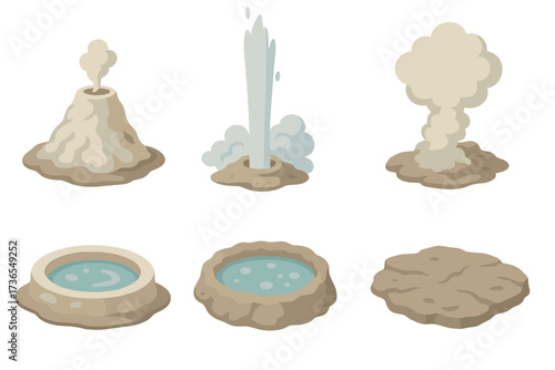 Geyser Eruption Icons. Isometric vector illustration set geyser hot water erupt: geyser cone formation, vertical water jet, steam