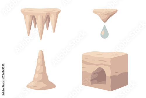 Cave Mineral Drip. Isometric vector illustration set stalactite cave mineral drip: cluster of pointed stalactites, ceiling drip