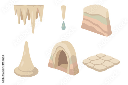 Stalactite Cave Scene. Isometric vector illustration set stalactite cave mineral drip: cluster of stalactites, water dripping