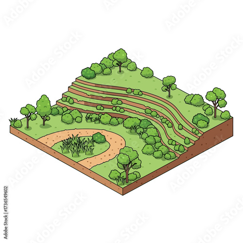 Isometric illustration of a green terraced hillside for agriculture.