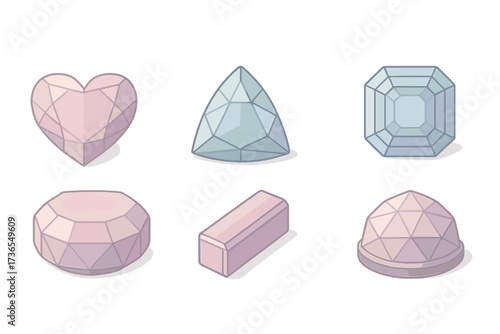 Gemstone Shapes Collection. Isometric vector illustration set Gemstone shapes extended: heart-cut faceted gem, antique cushion