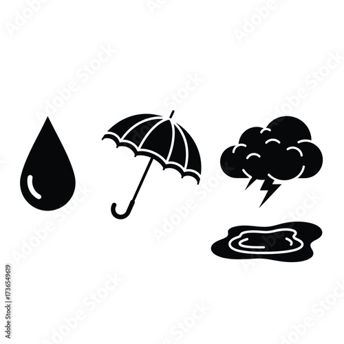 A collection of four black icons representing weather elements: a raindrop, an umbrella, a thundercloud with lightning, and a puddle.