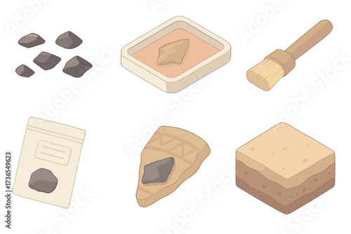 Archaeological Dig Icons. Isometric vector illustration set Archaeological excavation finds: obsidian flakes scatter, labeled