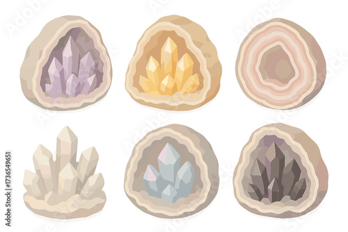Crystal Geode Collection. Isometric vector illustration set Geode crystal interiors: amethyst geode half, citrine golden geode,