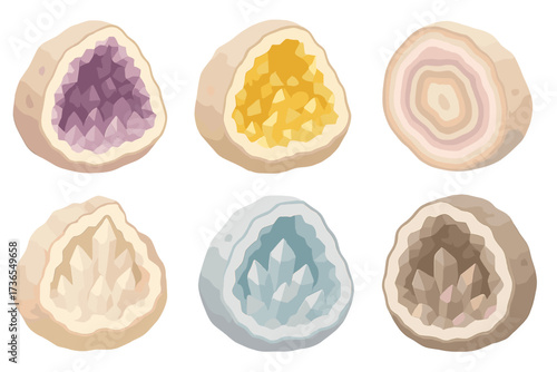 Crystal Geode Collection. Isometric vector illustration set Geode crystal interiors: amethyst geode half, citrine golden geode,