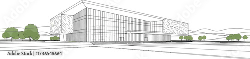 Modern Building Exterior, Line Drawing of a Commercial Structure