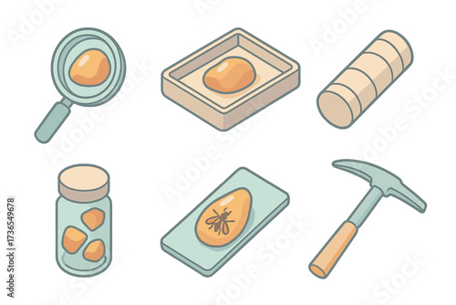 Geological Amber Tools. Isometric vector illustration set Geological amber study: magnifying lens examining amber, labeled