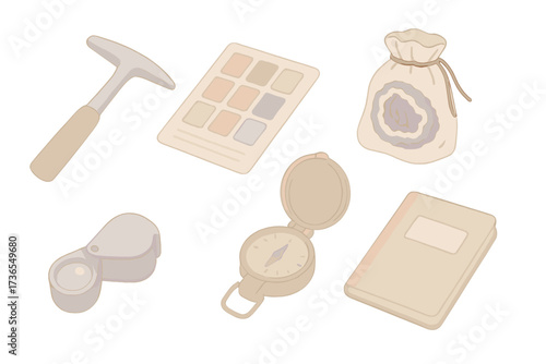Geology Study Tools. Isometric vector illustration set Geology study tools with geodes: field rock hammer, mineral ID chart,