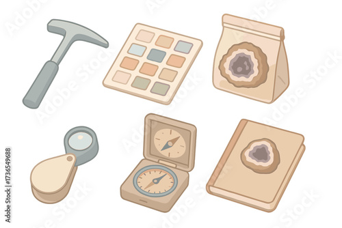 Geology Study Tools. Isometric vector illustration set Geology study tools with geodes: field rock hammer, mineral ID chart,
