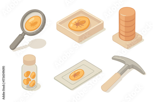 Geological Amber Tools. Isometric vector illustration set Geological amber study: magnifying lens examining amber, labeled