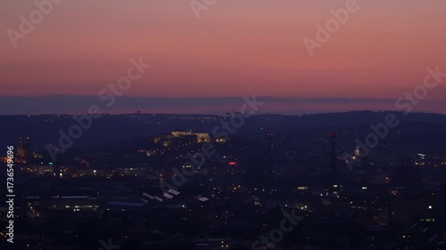 Brno, Czech Republic - March 29, 2025: View of the city from above at night. Evening city panorama. Špilberk Castle