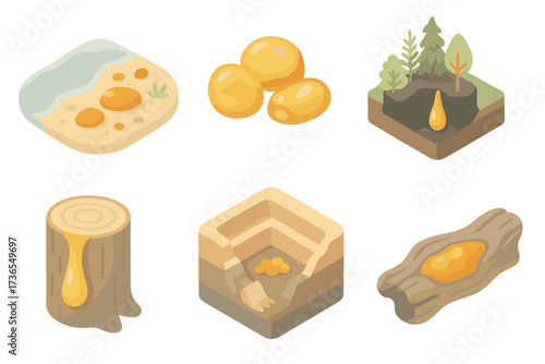 Isometric Amber Landscapes. Isometric vector illustration set Amber landscapes & sources: Baltic seashore amber pieces, Dominican