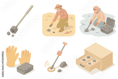 Meteorite Collection Icons. Isometric vector illustration set Collecting meteorites: field search magnet stick, desert meteorite
