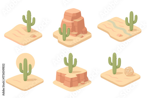 Desert Cactus Icons. Isometric vector illustration set Desert landscape cactus scene: sandy dune with cactus, rock formation with
