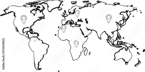 Stylized outline map of the world with continents and countries clearly delineated