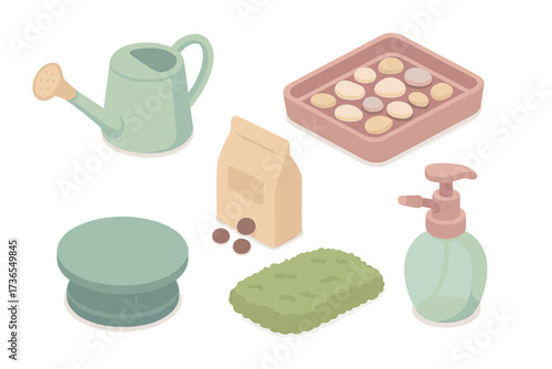 Bonsai Care Essentials. Isometric vector illustration set Bonsai care essentials: watering can fine spout, humidity tray with