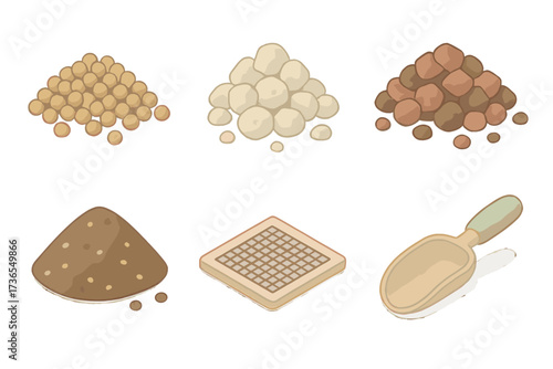 Bonsai Soil Elements. Isometric vector illustration set Bonsai soil and substrates: akadama clay granules, pumice particles, lava