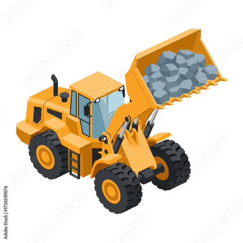 Isometric front loader with rocks, heavy construction equipment.