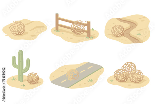 Tumbleweed Desert Icons. Isometric vector illustration set Tumbleweed desert scenes: rolling tumbleweed across sand, tumbleweed